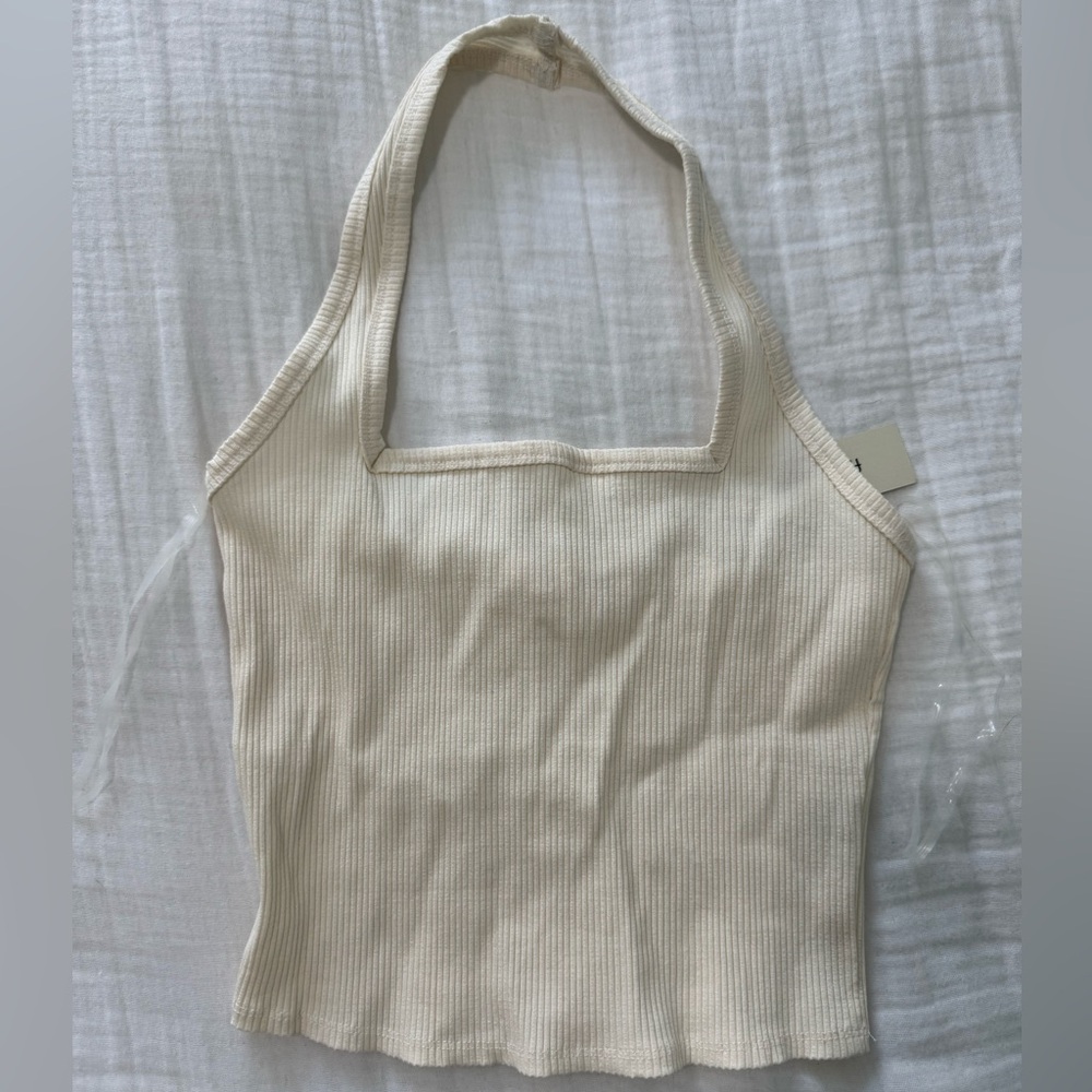 Francesca's Cream Ribbed Halter Crop Tank